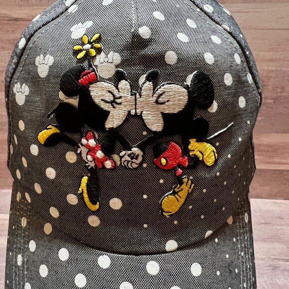 Disney Parks Mickey & Minnie Kissing Polka Dot Adult Adjustable Baseball Cap - Picture 3 of 9